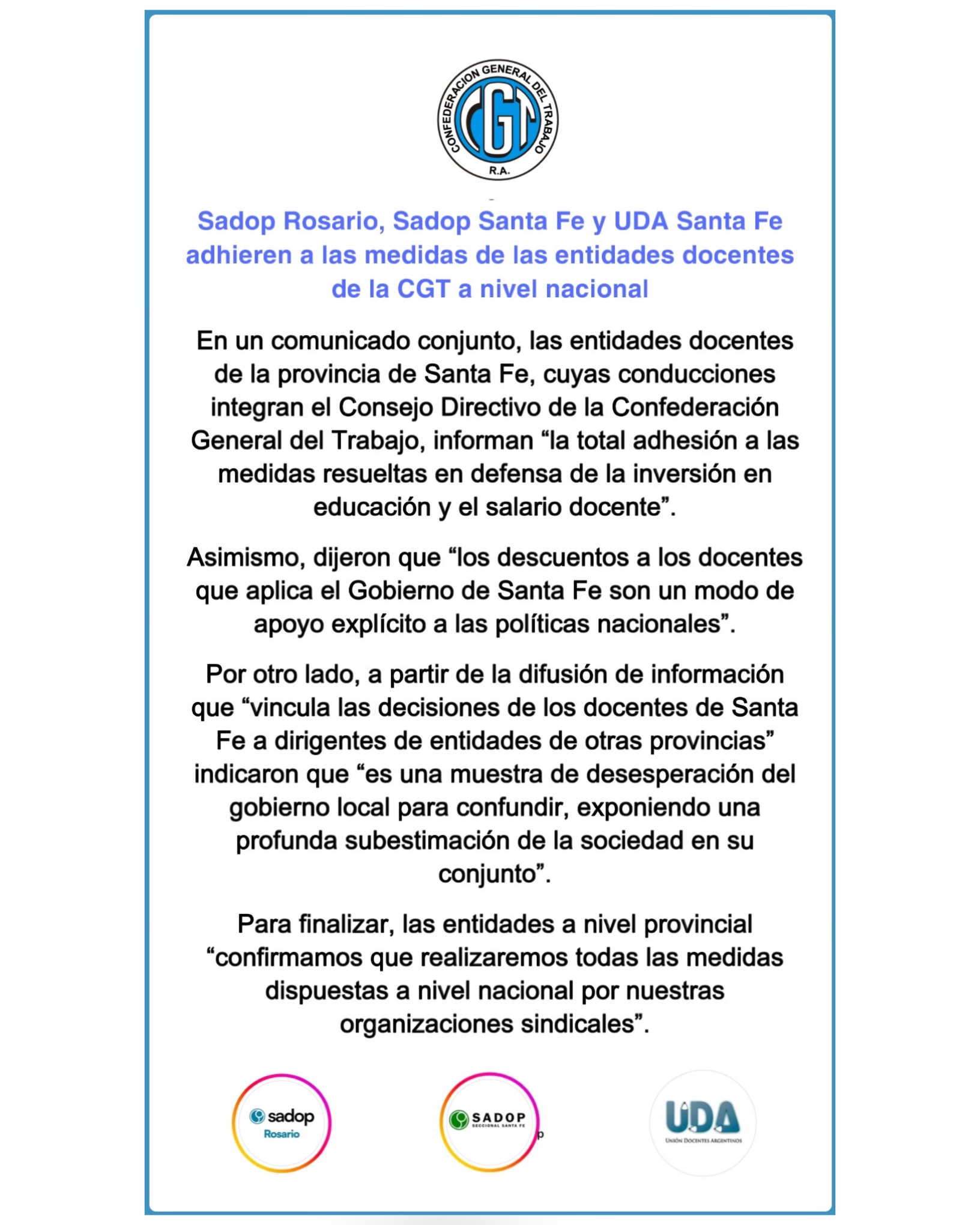 Sadop Rosario, Sadop Santa Fe y UDA Santa Fe adhieren a las medidas de las entidades docentes de la CGT a nivel nacional